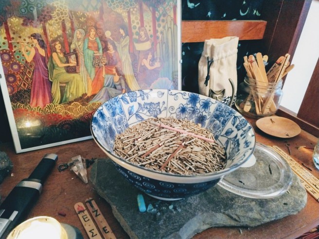 My main shrine with incense burning and an 8x10 framed image of the Mousai.