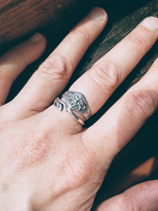 A gorgoneion ring and a snake ring on my middle left finger.